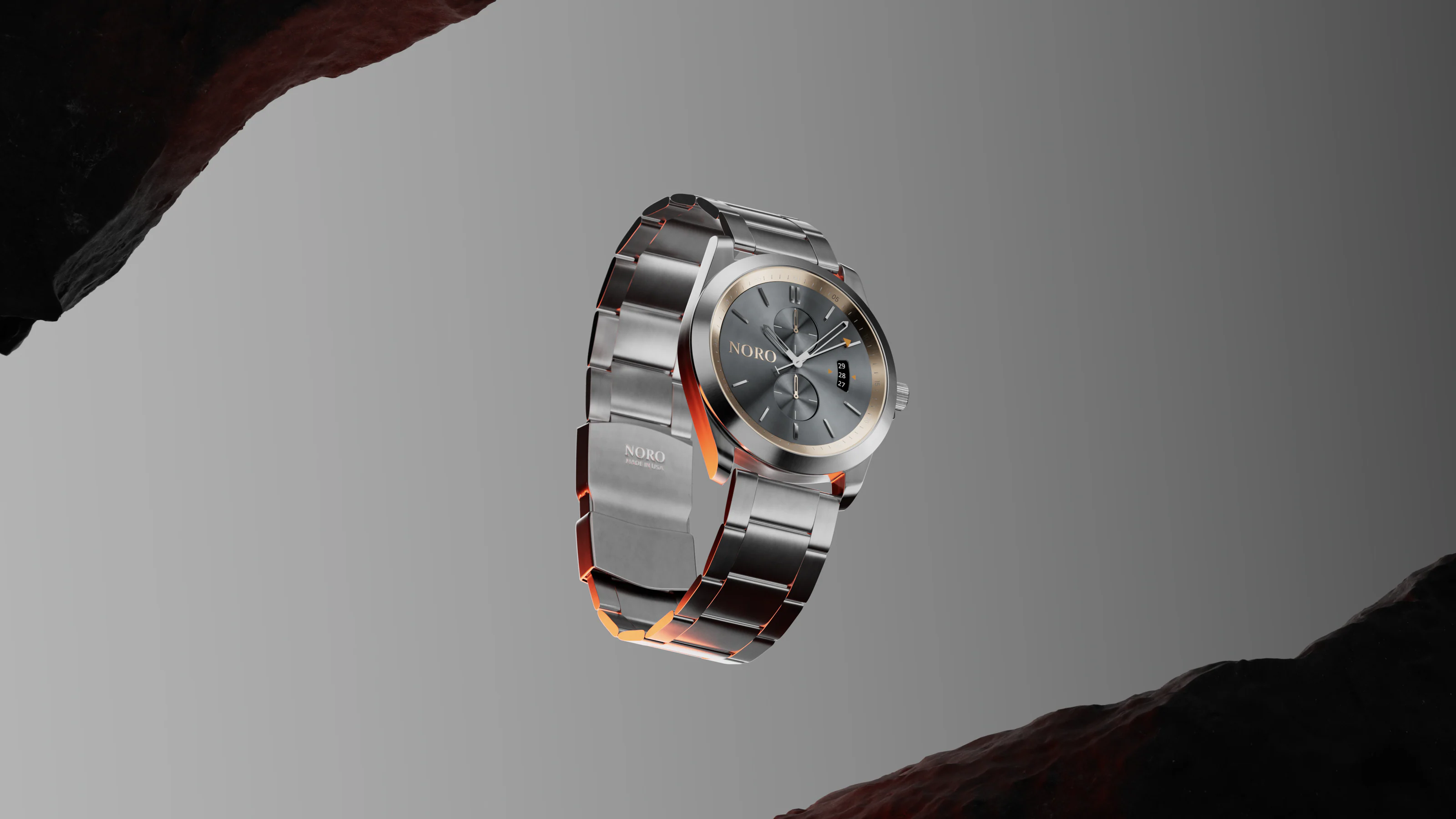 Noro Watch floating between dark rock formations